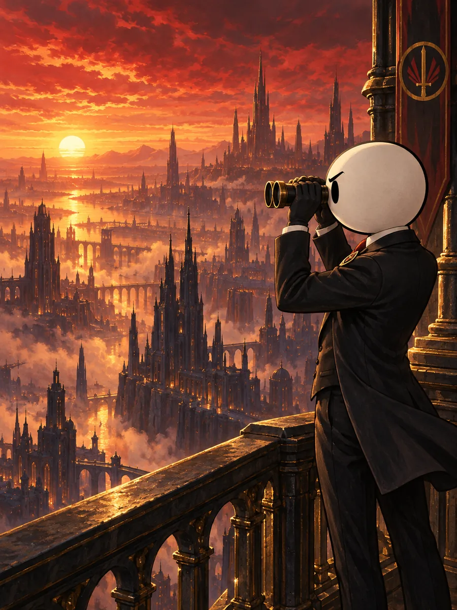 A Directorate of Forever Affairs agent watches the spire city through binoculars from a balcony