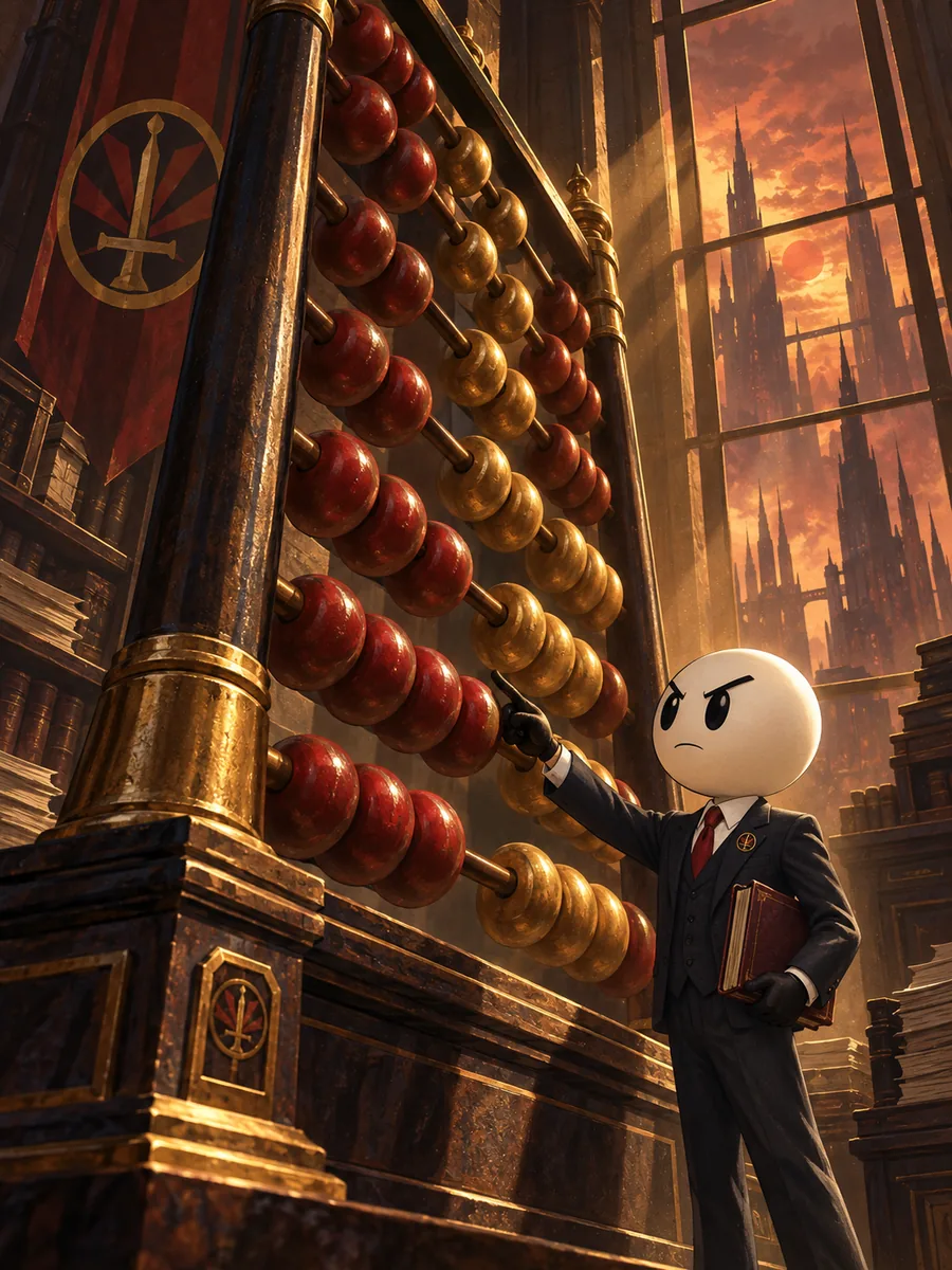 An Office of Numbers clerk points at a bead on an enormous abacus