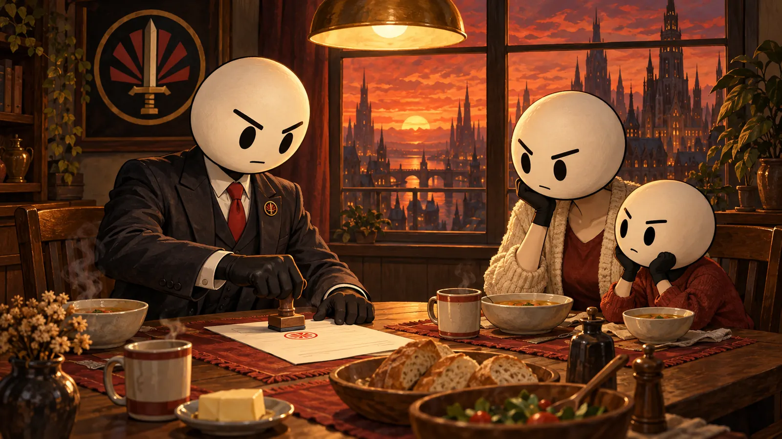 A suited Ministry official stamps a form at a family dinner table while a parent and a small child watch