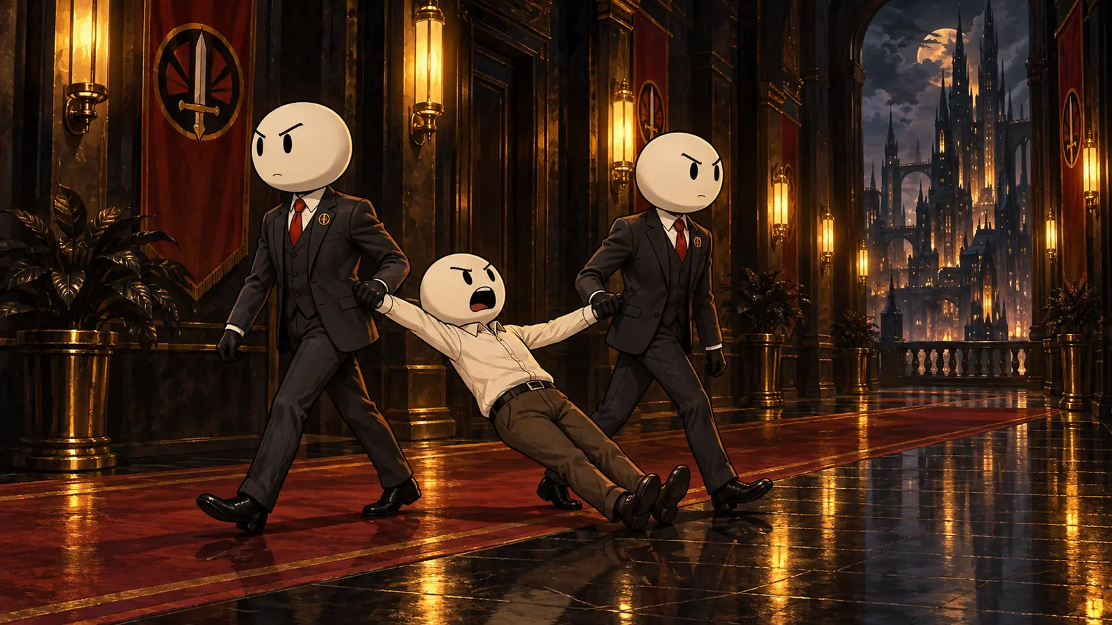 Two suited officials drag a protesting round-headed citizen down a night corridor by the arms
