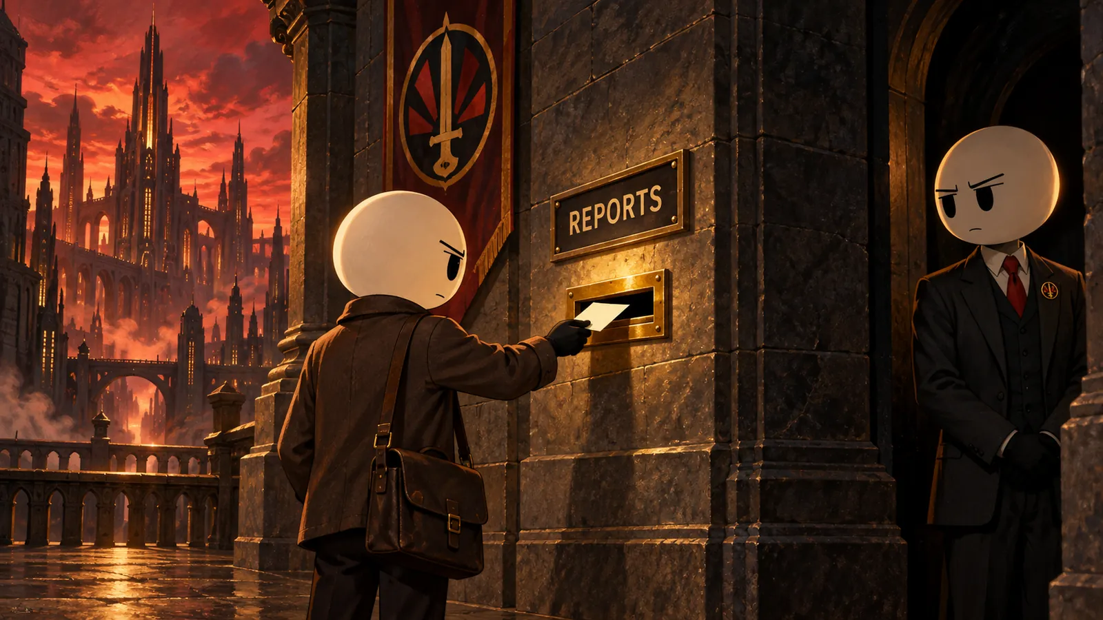 A citizen slides a note into a wall slot under a sign reading REPORTS while a suited official watches from the shadows